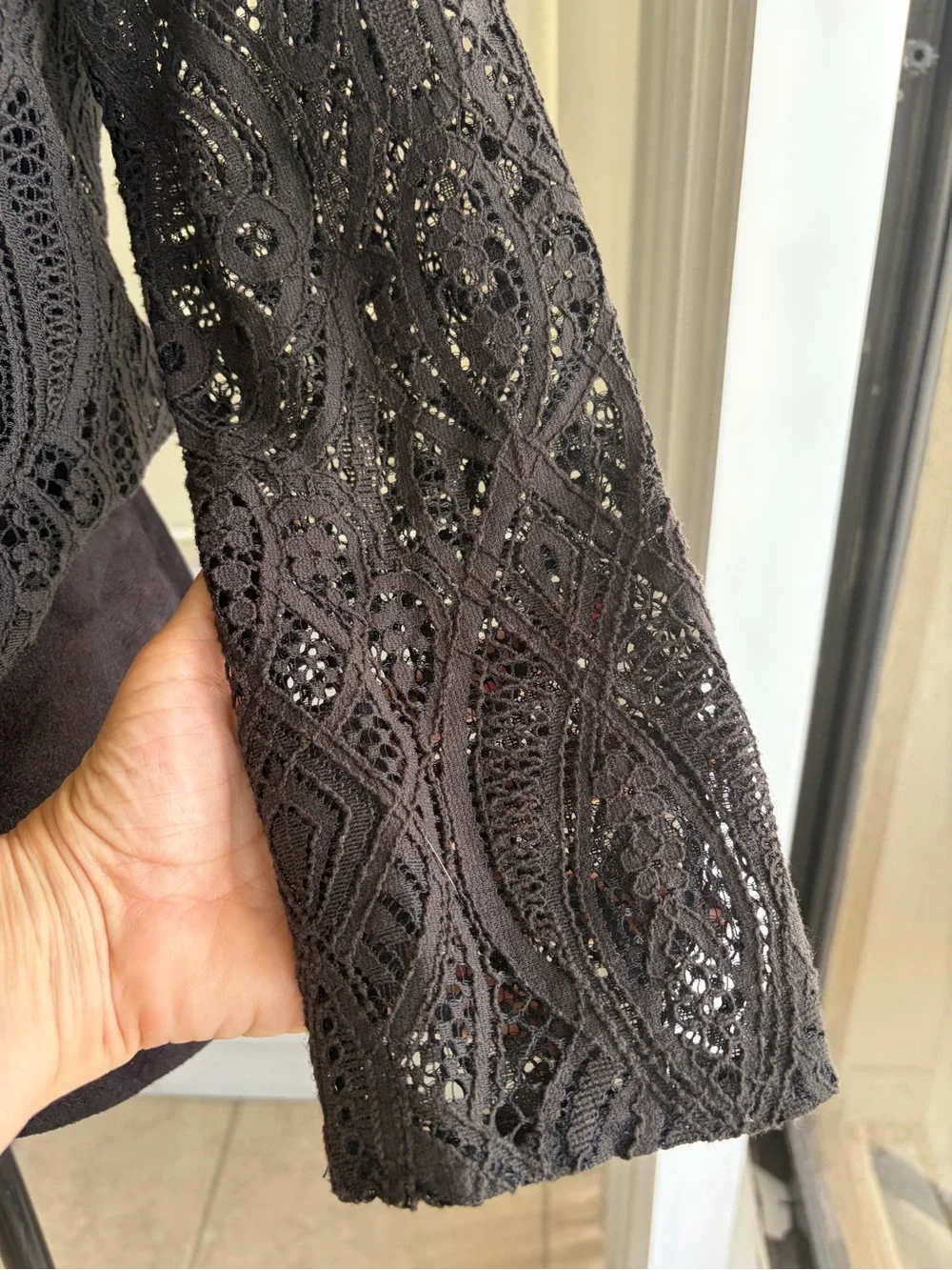 ZARA Gothic Black Guipure Lace Ruffle Neckline Long Sleeve Blouse XS